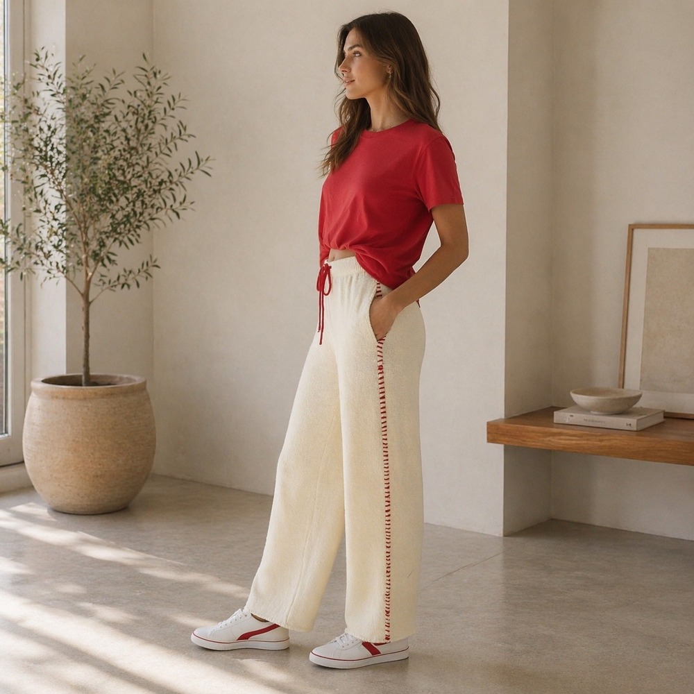 Miou Muse Knit Pants Womens Medium Cream Red Blanket Stitch Wide Leg P4761ST